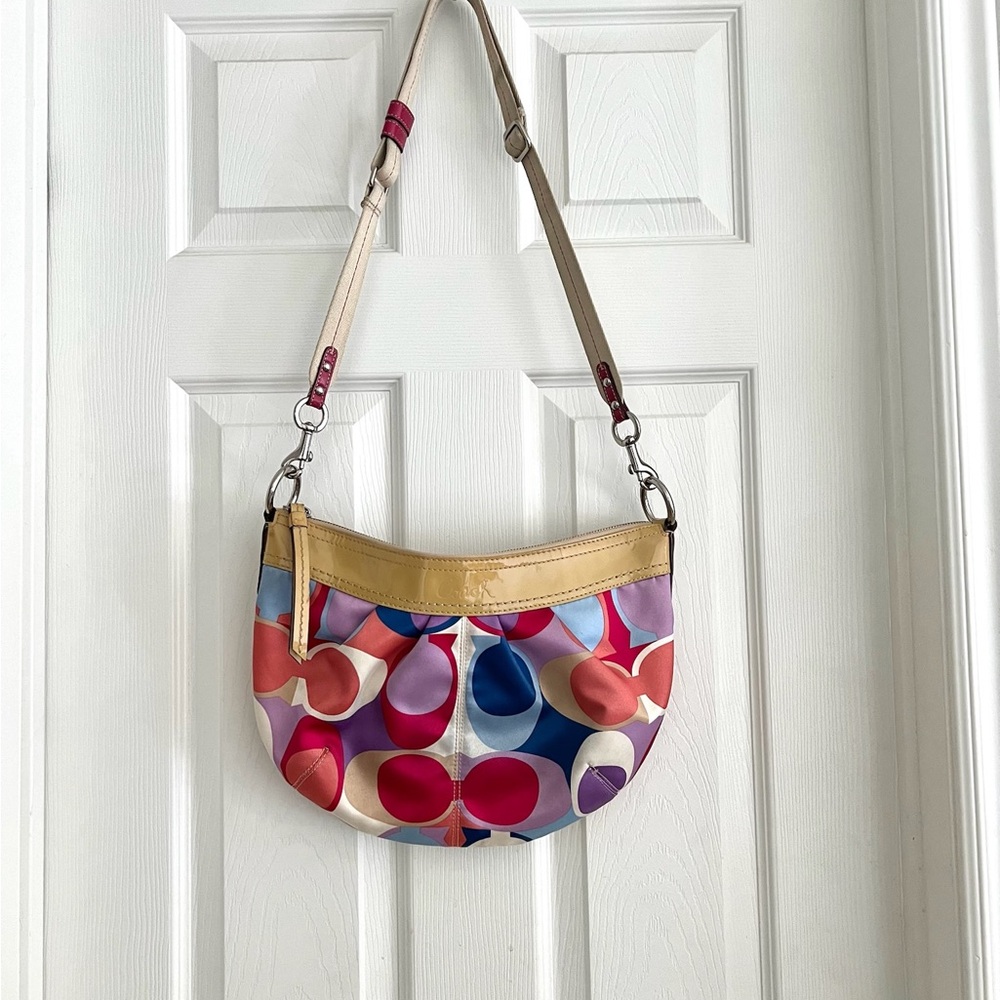 Coach Multicolor Signature Canvas cross body Bag with Pink Strap Accents - Picture 2 of 4